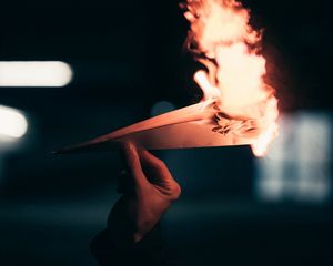 Preview wallpaper paper plane, fire, hand, dark