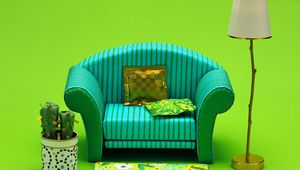 Preview wallpaper paper, sofa, pillow, lamp, pot, cactus, green background