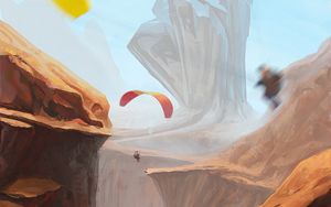 Preview wallpaper parachutists, rocks, mountains, art