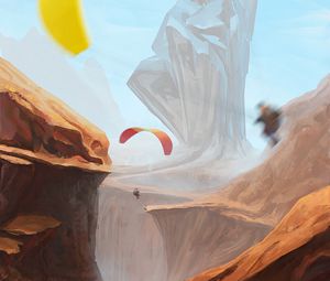 Preview wallpaper parachutists, rocks, mountains, art