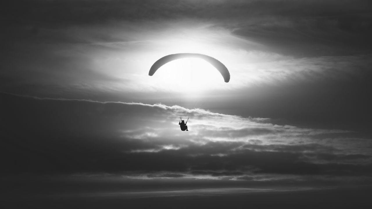 Wallpaper paraglider, silhouette, sky, flight, black and white