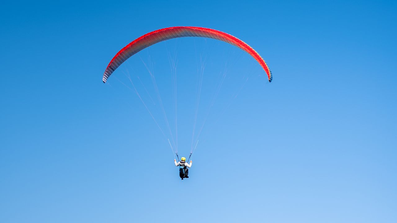 Wallpaper paragliding, flight, buildings, sea, city