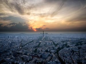 Preview wallpaper paris, france, architecture, sunset, sky, aerial view