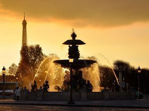 Preview wallpaper paris, france, fountains, lights, jets, water, drops, sprays, eiffel tower, sky, sunset