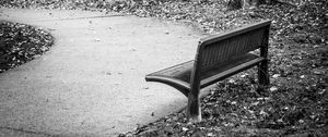 Preview wallpaper park, bench, leaves, autumn, black-and-white