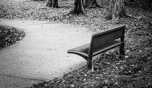 Preview wallpaper park, bench, leaves, autumn, black-and-white