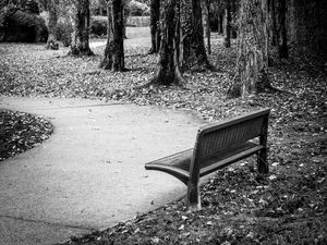 Preview wallpaper park, bench, leaves, autumn, black-and-white