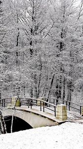 Preview wallpaper park, bridge, winter, snow, hoarfrost