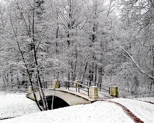 Preview wallpaper park, bridge, winter, snow, hoarfrost