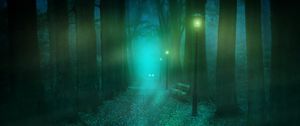 Preview wallpaper park, fog, lantern, bench, mystical