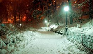 Preview wallpaper park, light, lamp, winter, snowdrifts, january