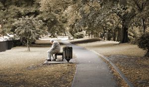 Preview wallpaper park, people, old, bench, sit, trees, loneliness