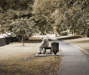 Preview wallpaper park, people, old, bench, sit, trees, loneliness