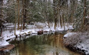 Preview wallpaper park, river, fence, snow, trees