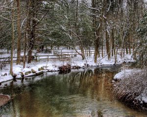 Preview wallpaper park, river, fence, snow, trees