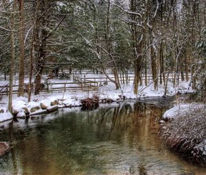 Preview wallpaper park, river, fence, snow, trees