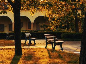 Preview wallpaper park, trees, benches, sunlight, building