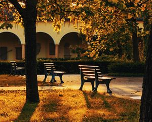 Preview wallpaper park, trees, benches, sunlight, building
