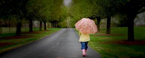 Preview wallpaper park, umbrella, tree, road, walking, cloudy