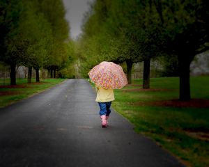 Preview wallpaper park, umbrella, tree, road, walking, cloudy