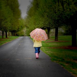 Preview wallpaper park, umbrella, tree, road, walking, cloudy