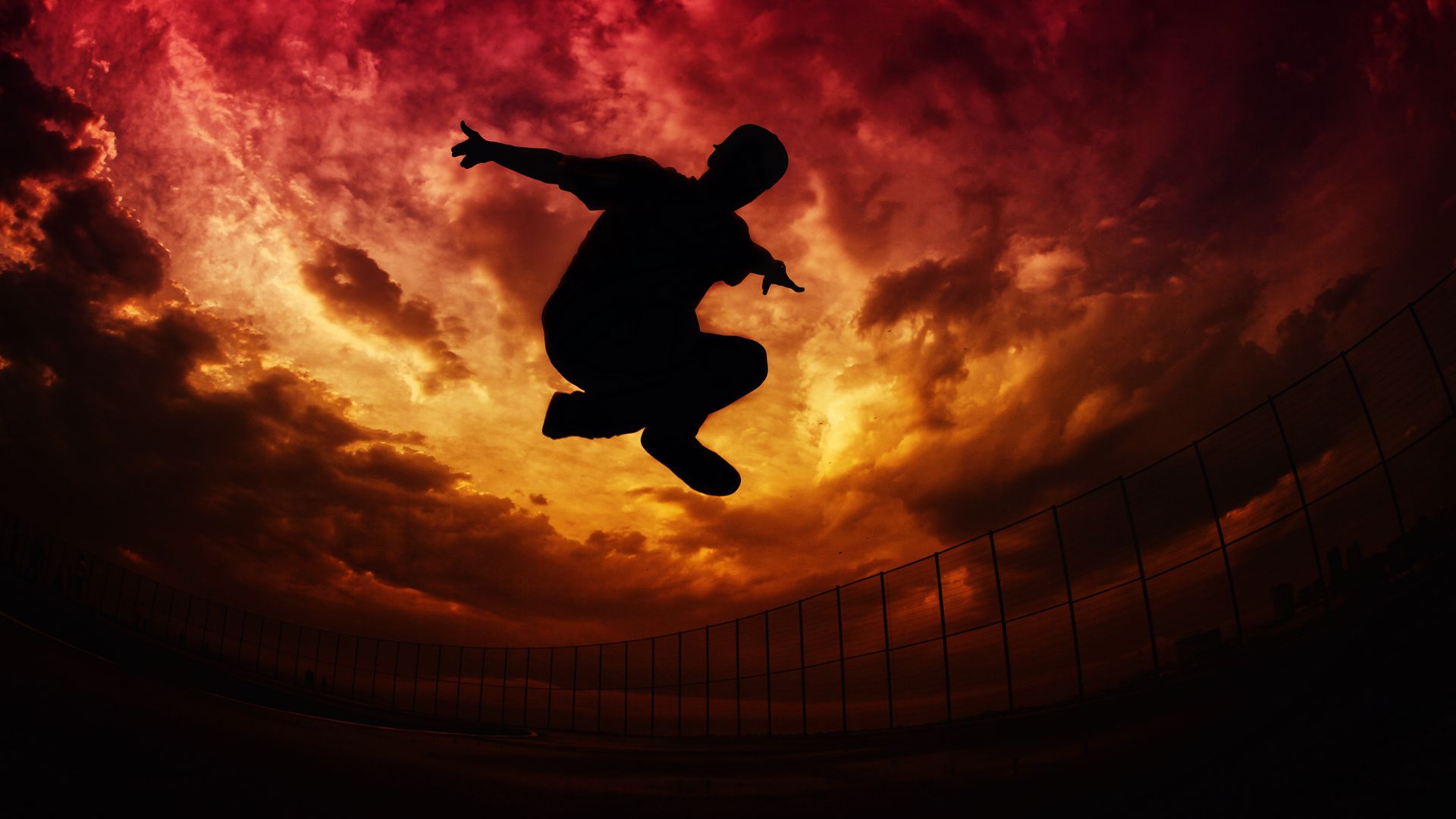 Download wallpaper 1920x1080 parkour, silhouette, jump, sky, clouds, fence  full hd, hdtv, fhd, 1080p hd background