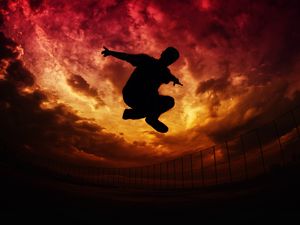 Preview wallpaper parkour, silhouette, jump, sky, clouds, fence