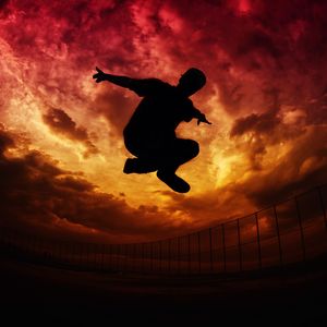 Preview wallpaper parkour, silhouette, jump, sky, clouds, fence