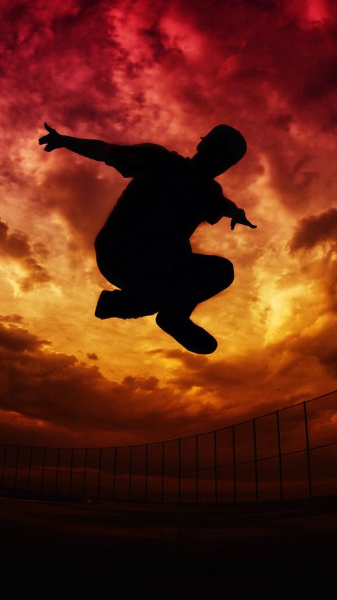 480x854 Wallpaper parkour, silhouette, jump, sky, clouds, fence