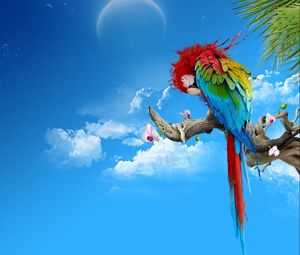Preview wallpaper parrot, colorful, feathers, thread, sit