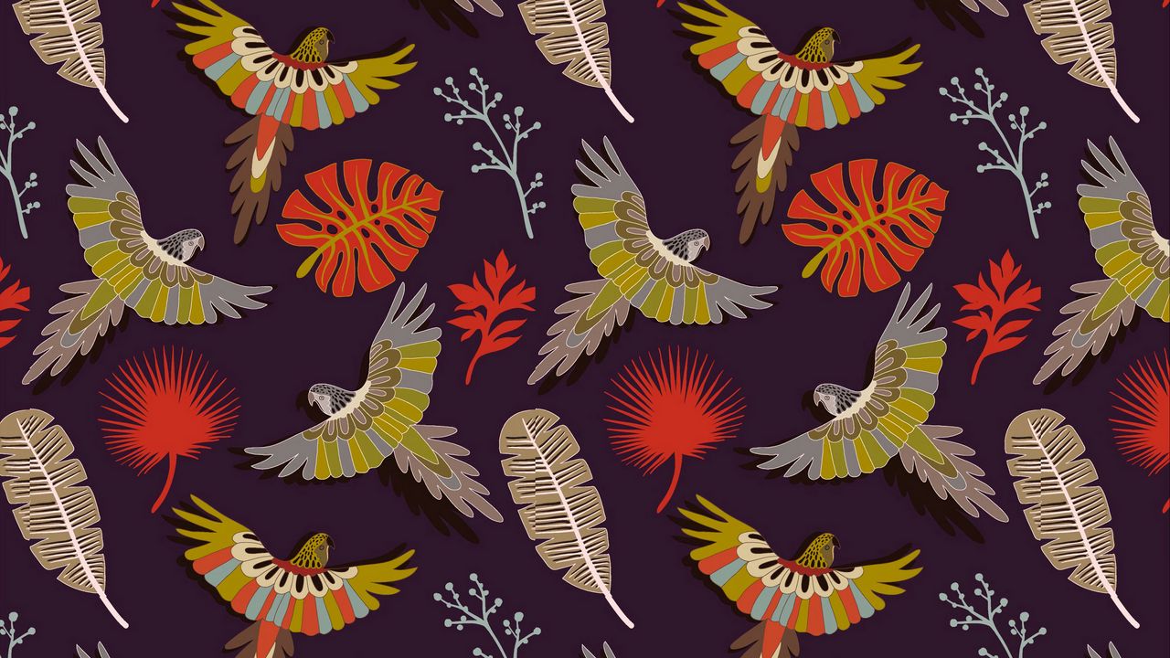 Wallpaper parrots, birds, feathers, colorful, vector, pattern
