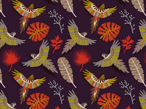 Preview wallpaper parrots, birds, feathers, colorful, vector, pattern