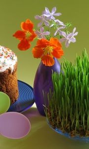 Preview wallpaper pascha, eggs, holiday, flower, vase, cake, plate, germs