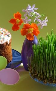 Preview wallpaper pascha, eggs, holiday, flower, vase, cake, plate, germs