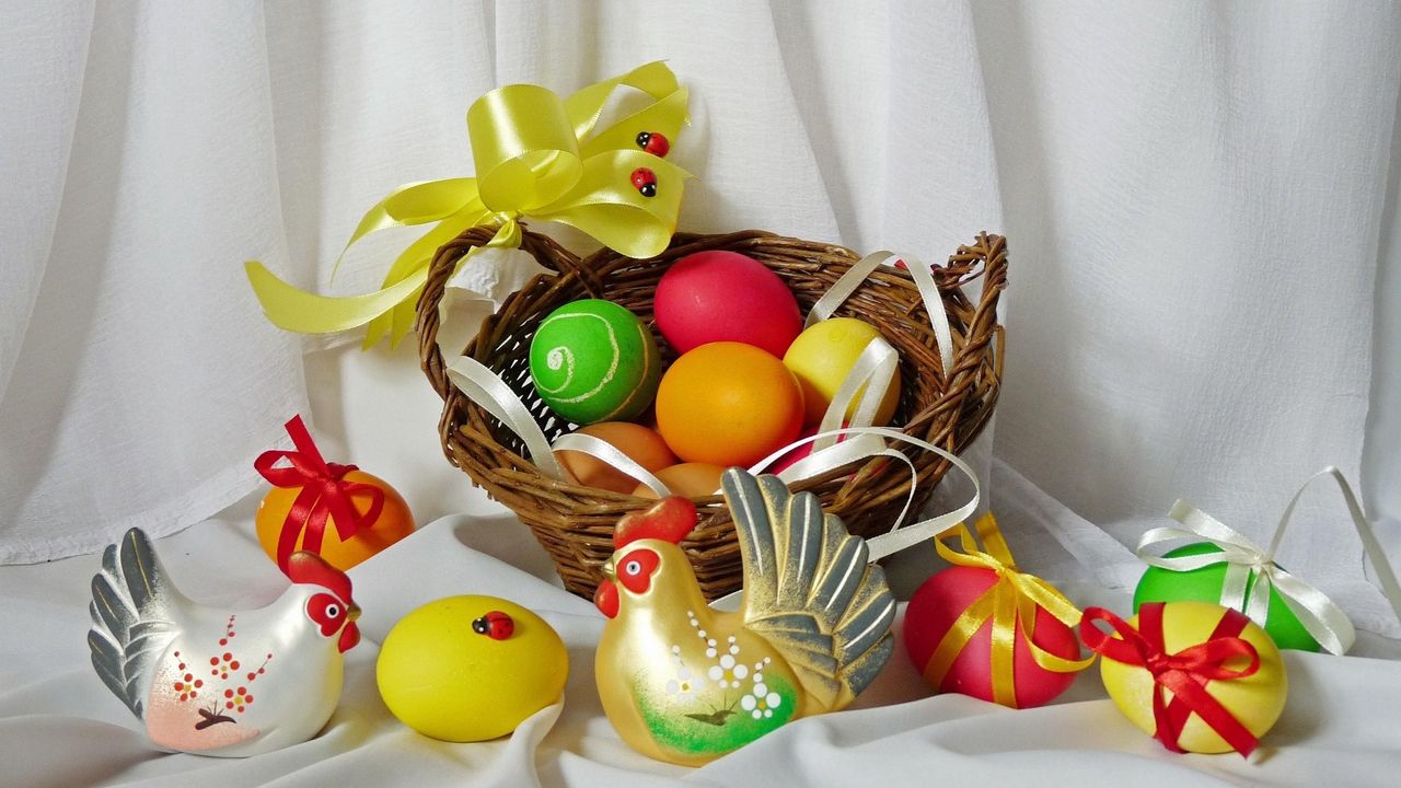 Wallpaper pascha, eggs, holiday, bows, chicken, rooster, basket, ladybugs