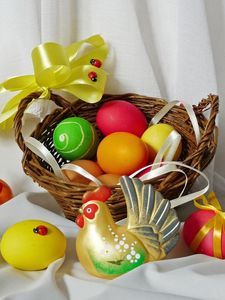 Preview wallpaper pascha, eggs, holiday, bows, chicken, rooster, basket, ladybugs