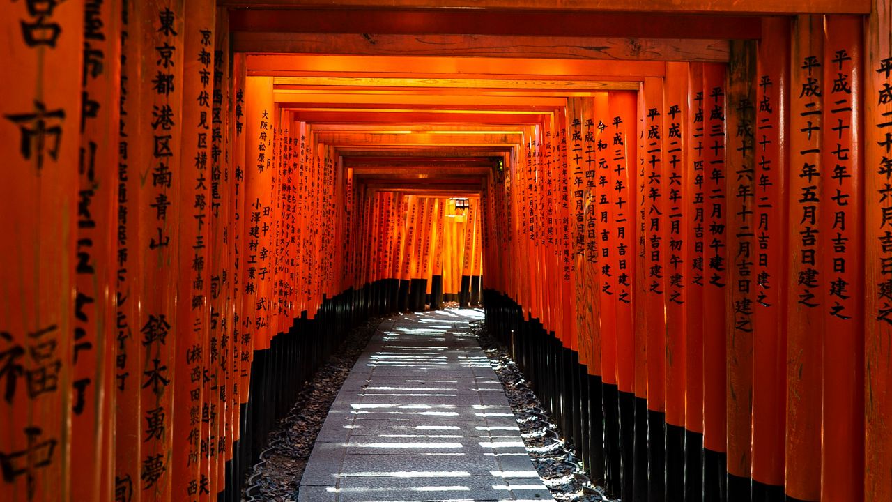 Wallpaper passage, path, pillars, wooden, hieroglyphs