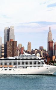 Preview wallpaper passenger liner, ship, city, river, sea, msc