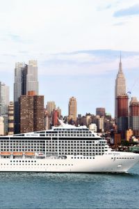 Preview wallpaper passenger liner, ship, city, river, sea, msc