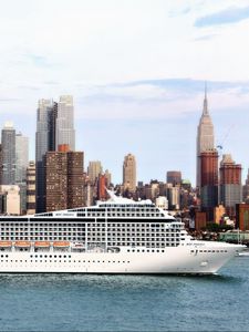 Preview wallpaper passenger liner, ship, city, river, sea, msc