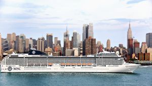 Preview wallpaper passenger liner, ship, city, river, sea, msc