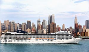 Preview wallpaper passenger liner, ship, city, river, sea, msc