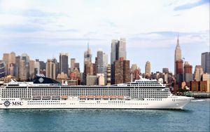 Preview wallpaper passenger liner, ship, city, river, sea, msc