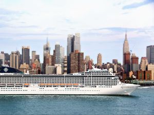 Preview wallpaper passenger liner, ship, city, river, sea, msc