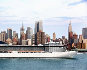 Preview wallpaper passenger liner, ship, city, river, sea, msc