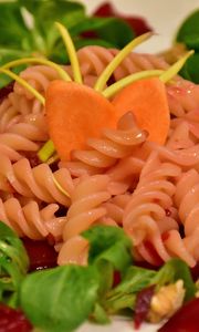 Preview wallpaper pasta, spirals, sauce, salad, dinner