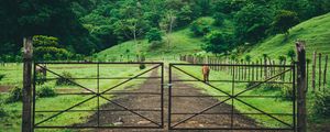 Preview wallpaper pasture, stable, gates, trees, grass