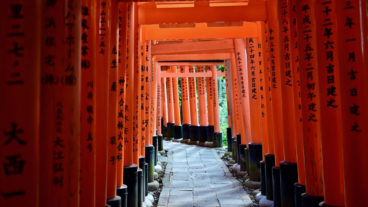 Wallpaper path, columns, hieroglyphs, red, japan