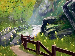 Preview wallpaper path, fence, grass, art