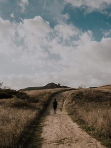 Preview wallpaper path, grass, man, walk, clouds